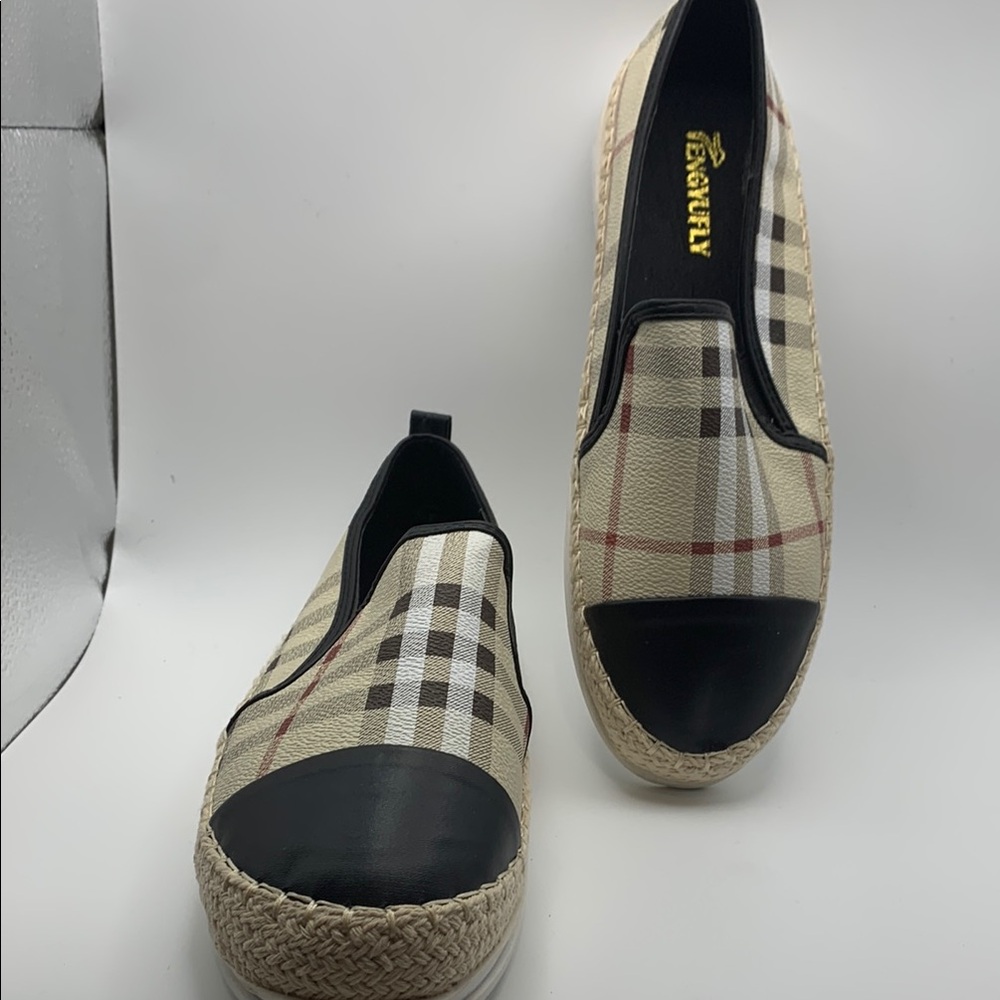 Black and Cream Espadrille Slip-Ons with Plaid Pattern
